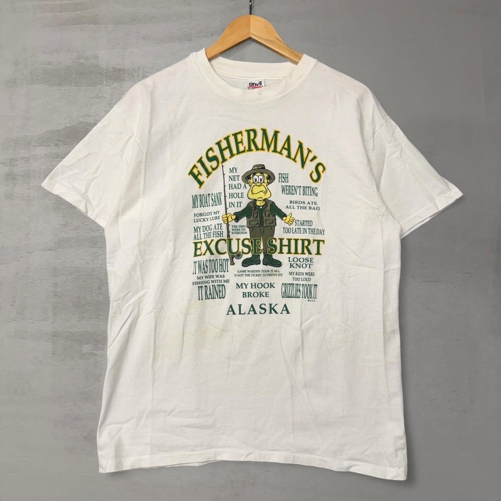 Vintage Fisherman's Excuse Nature Shirt White Alaska 90s Graphic Tee‎ Large